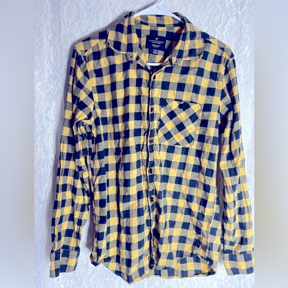 American Eagle Yellow Plaid Button Up Long Sleeve Shirt - Picture 1 of 5